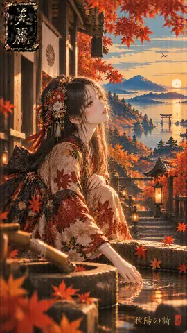 紅葉の社、夕陽に佇む女性 thumbnail