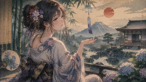 翠雨の風鈴 ― 紫陽花と富嶽 thumbnail