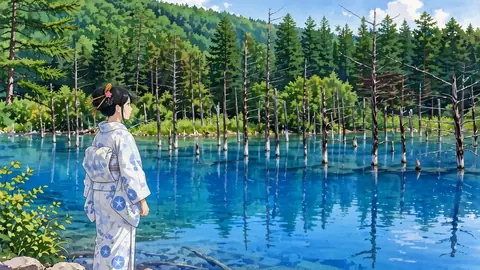 夏の美瑛の青い池 thumbnail