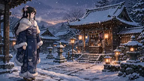雪が降る夕暮れの神社 thumbnail