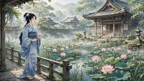 朝霧の蓮池に咲く蓮 thumbnail