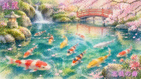 桜舞う錦鯉の庭園池2 thumbnail