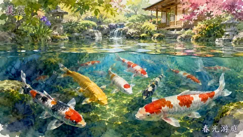美麗な春光、鯉泳ぐ庭園池 thumbnail