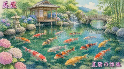 美麗な夏陽の涼池と錦鯉 thumbnail