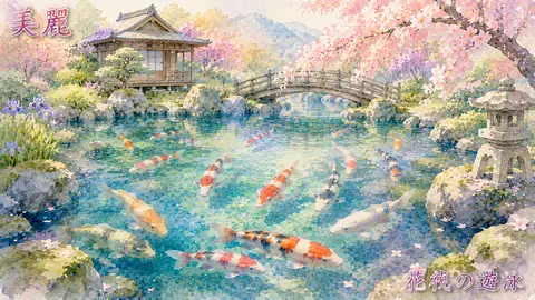 桜舞う錦鯉の庭園池 thumbnail