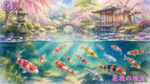 桜庭園と色彩豊かな錦鯉 thumbnail