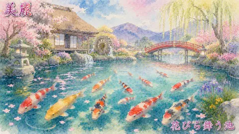 桜舞う幻想の錦鯉庭園 thumbnail
