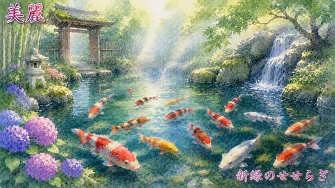 美麗な新緑の鯉池庭園 thumbnail