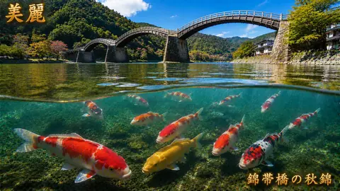 錦帯橋と泳ぐ錦鯉の秋景色 thumbnail
