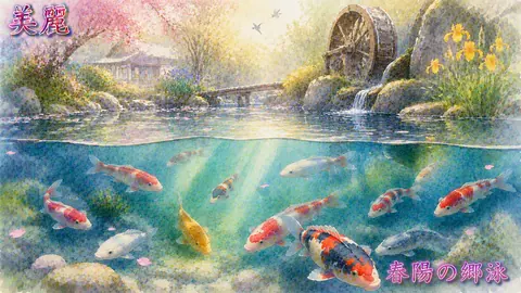 桜咲く庭園と煌めく錦鯉の池 thumbnail