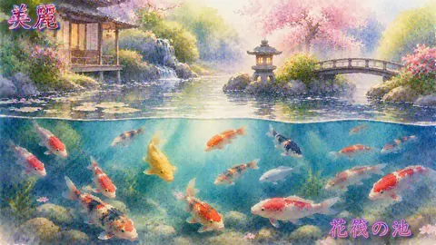 水上と水中の花筏の庭園池 thumbnail