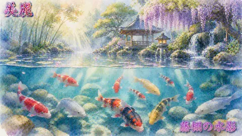 幻想的な藤棚と錦鯉の池庭 thumbnail
