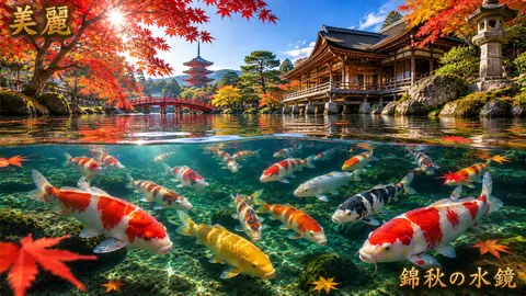 錦秋の水鏡と鯉の庭園 thumbnail