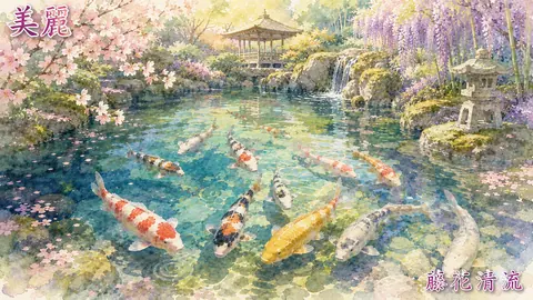 美麗な錦鯉と花咲く日本庭園 thumbnail
