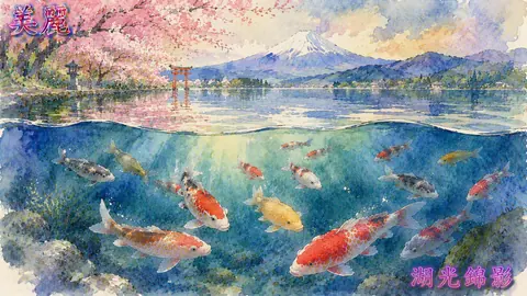 桜富士と水中錦鯉の湖景 thumbnail