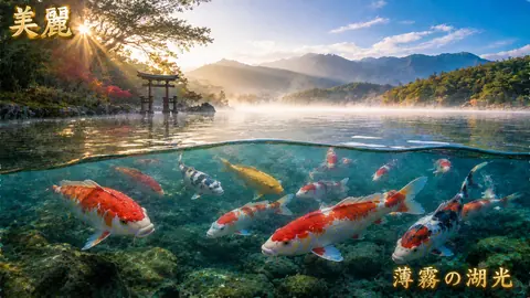 霧湖に泳ぐ錦鯉と鳥居 thumbnail