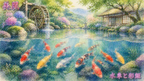水車と彩鯉の庭園風景 thumbnail