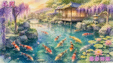 藤影に彩られた鯉の庭園池 thumbnail