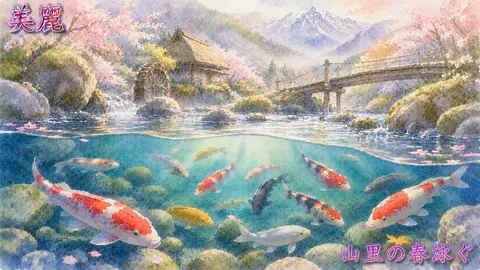 桜咲く山里と煌めく鯉の渓流 thumbnail