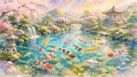 水彩で描く春の錦鯉庭園 thumbnail