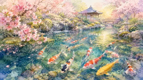 桜庭園の滝と錦鯉の池 thumbnail