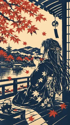 秋の縁側、紅葉と湖を眺める女性 thumbnail