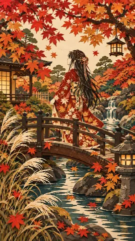 秋深まる日本庭園の橋渡り thumbnail