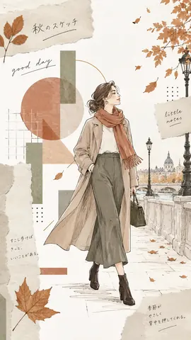 秋のスケッチ、川辺を歩く女性 thumbnail