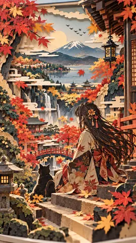秋彩の紙細工、湖畔の神社 thumbnail