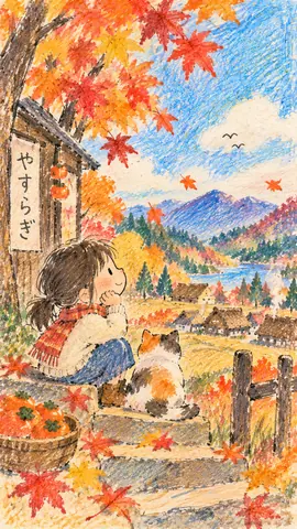 秋色の道で猫と見つめる空 thumbnail