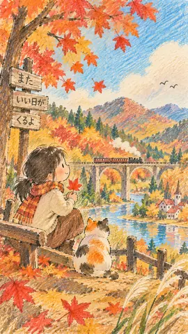 秋の風景を眺める少女と猫 thumbnail