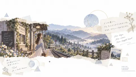 夜明けの山間駅と旅のコラージュ thumbnail