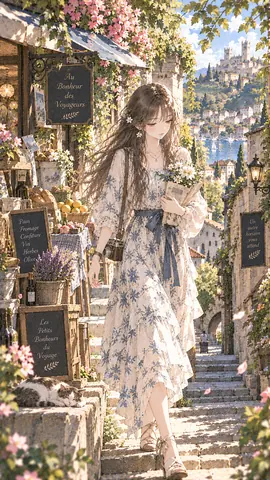 花咲く石畳を歩く旅人 thumbnail