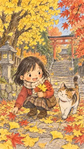 秋の神社道と少女と猫 thumbnail