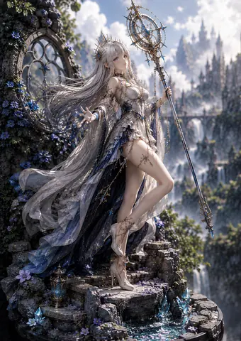 幻想の滝谷に佇む銀髪エルフ女王 thumbnail