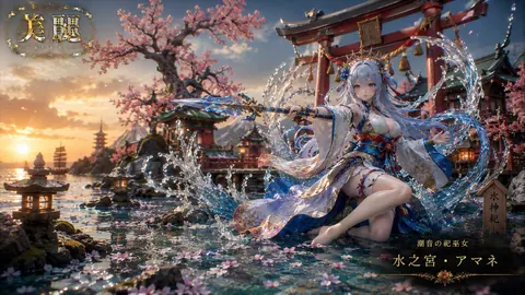 夕映えの水神巫女と桜 thumbnail