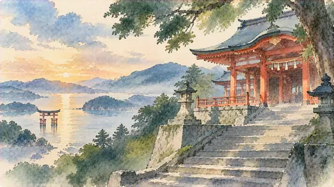 霧に包まれた水辺の神社風景1 thumbnail