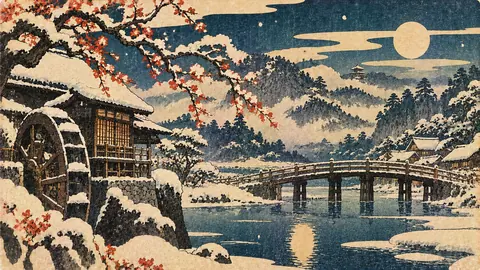 雪月夜の水車村景色 thumbnail