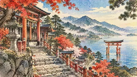 湖畔に佇む紅葉の神社と水上鳥居 thumbnail