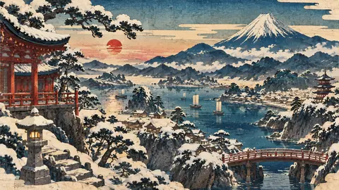 雪景色の浮世絵風寺町と富士山 thumbnail