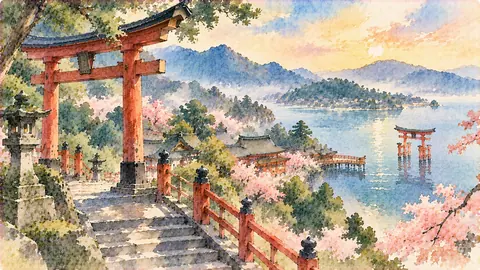 霧に包まれた水辺の神社風景 thumbnail