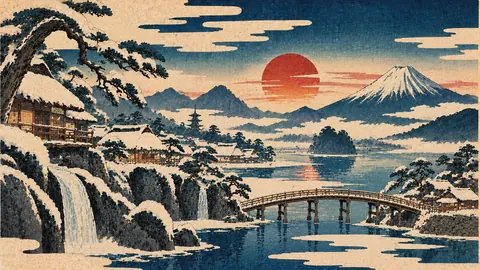 雪景色の浮世絵風山村と朱日浴びる橋 thumbnail