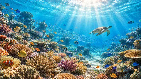 光あふれる熱帯の珊瑚礁と海亀 thumbnail
