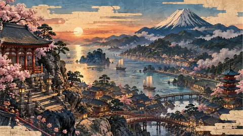 桜と灯りの港町、富士を望む夕景 thumbnail