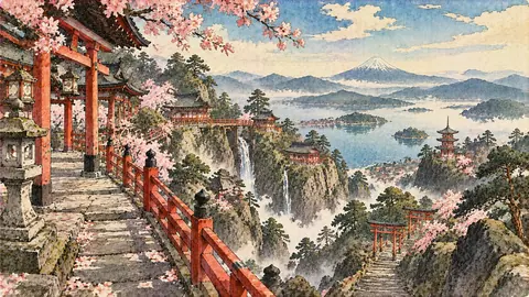 桜咲く天空の神社と霧の湖畔 thumbnail