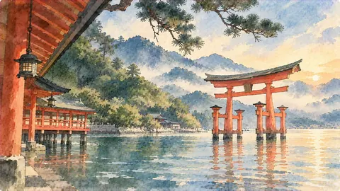 水鏡に佇む朱色の大鳥居 thumbnail