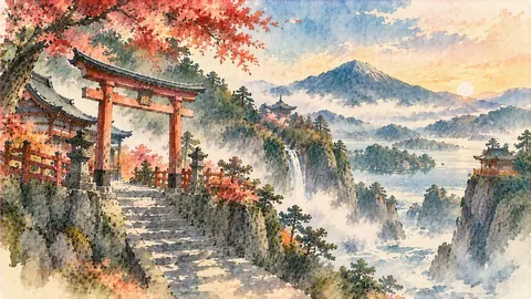 霧に包まれた山岳神社の朝 thumbnail
