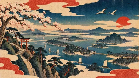 花見と船の浮かぶ藍色の湾 thumbnail