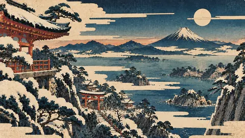 雪景の海辺寺院と富士山 thumbnail