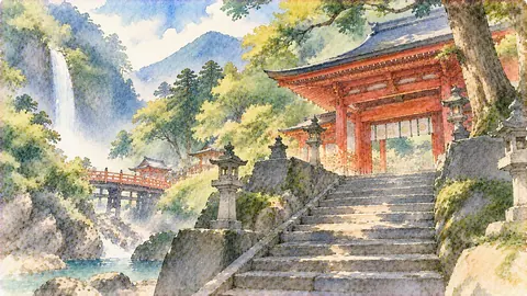 滝を望む山中の神社参道 thumbnail